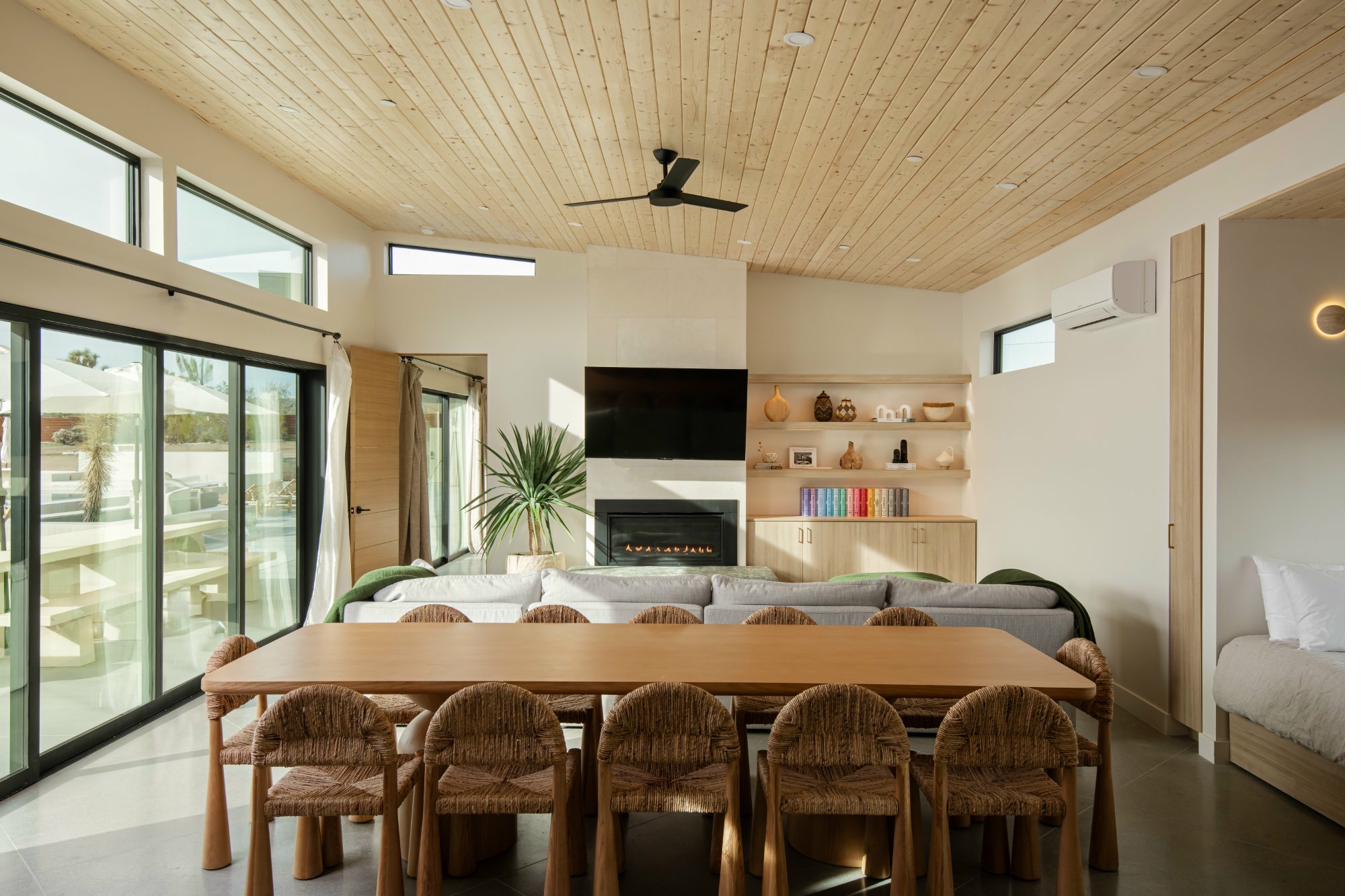 Open-plan living room with fireplace